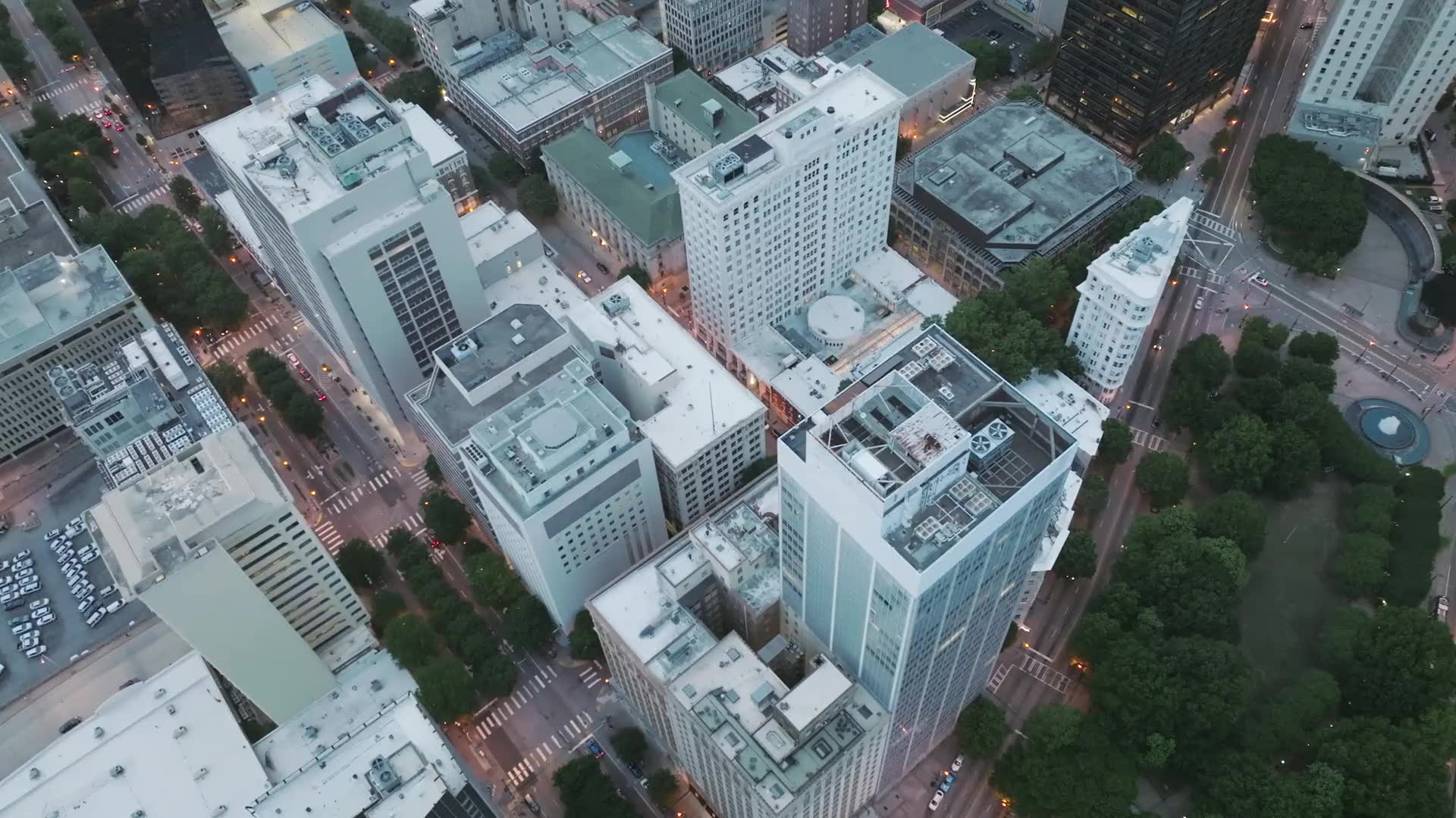 Aerial view of a city at dusk